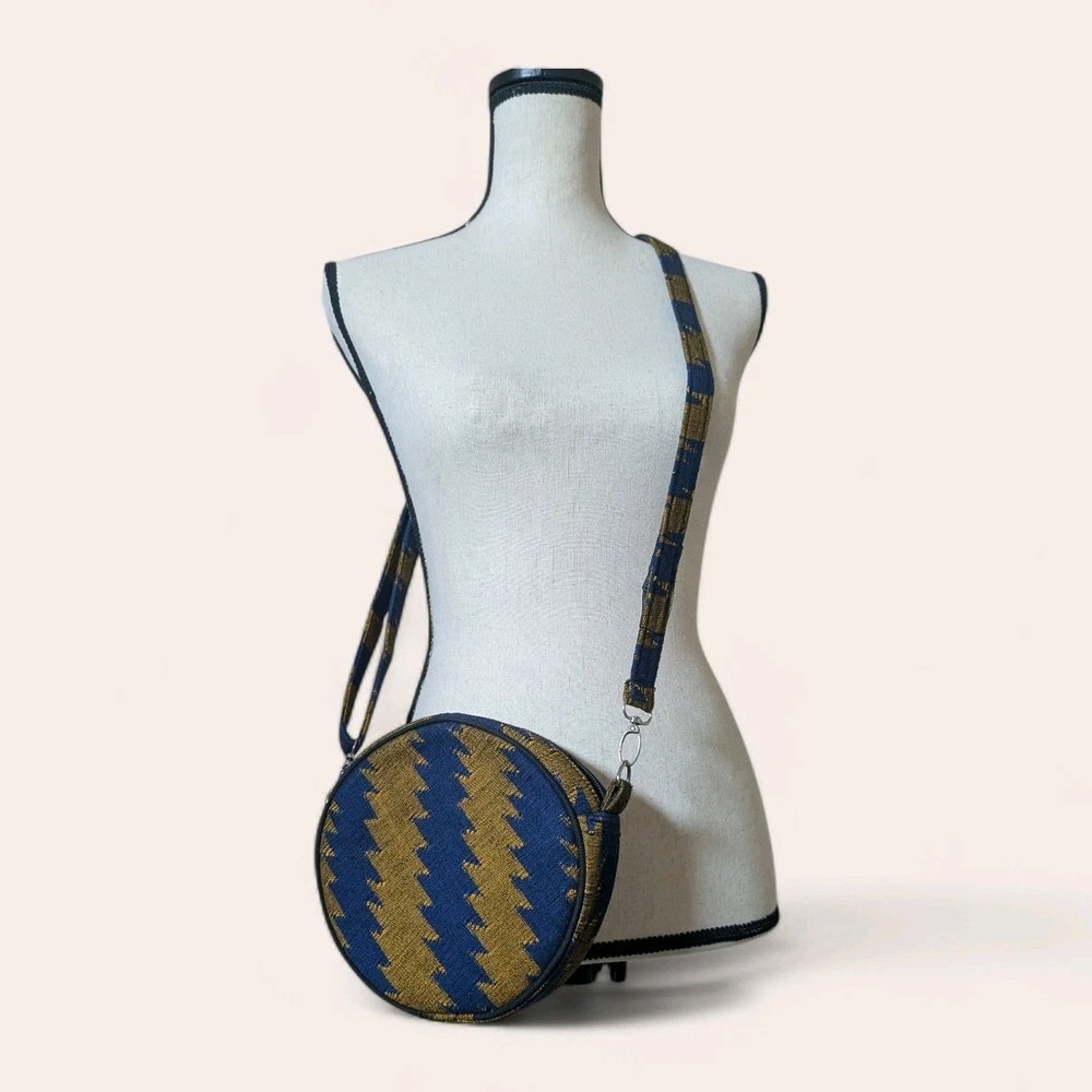 Authentic Handcrafted Nepalese Dhaka Handcrafted Round Crossbody Bag Blue Gold